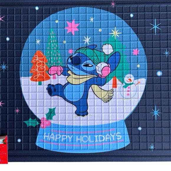 Disney stitch Christmas happy holidays blue rubber doormat rug 18x30 NWT - Picture 2 of 5